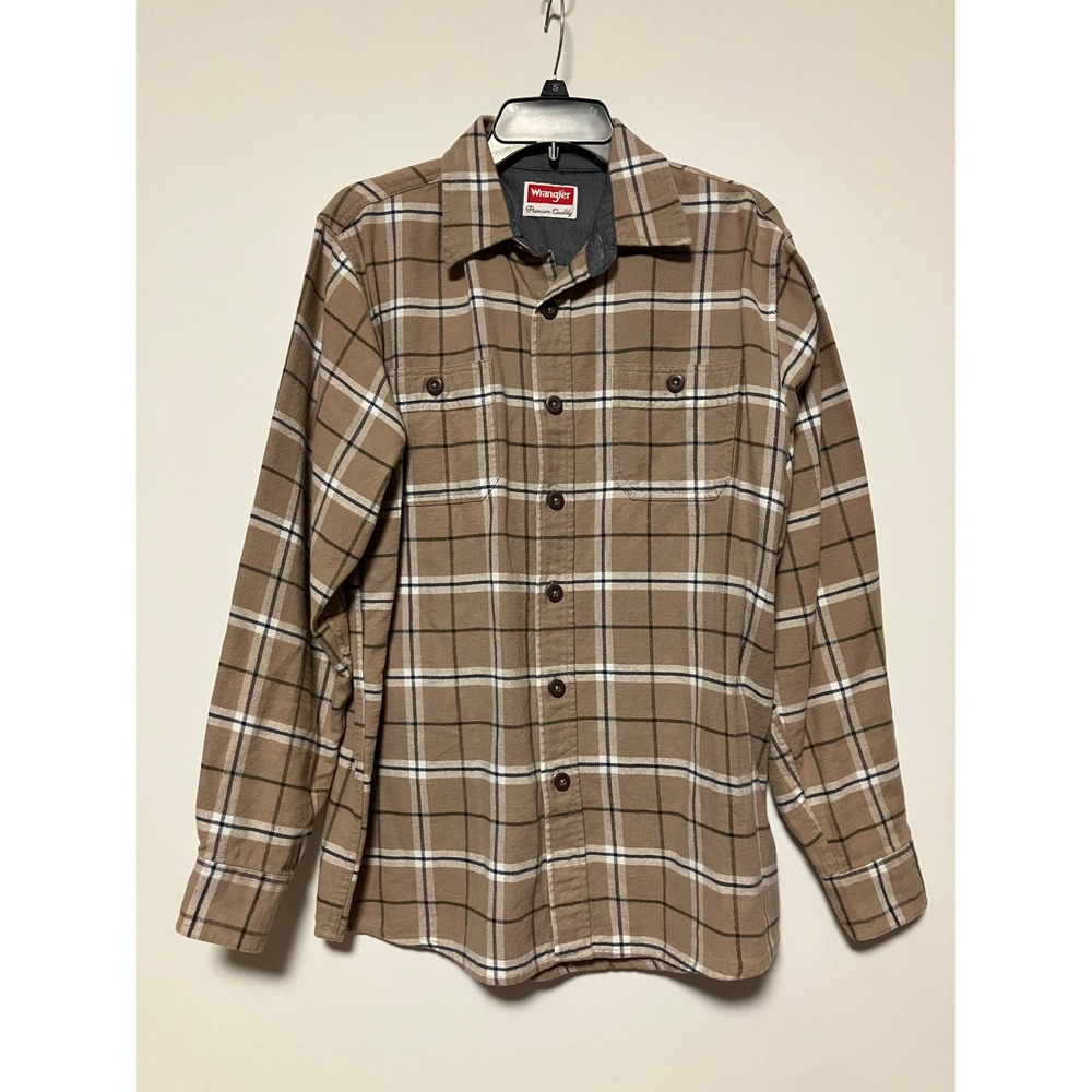 Wrangler Mens Plaid Flannel Shirt M Tan White Cotton Button Up Workwear Premium